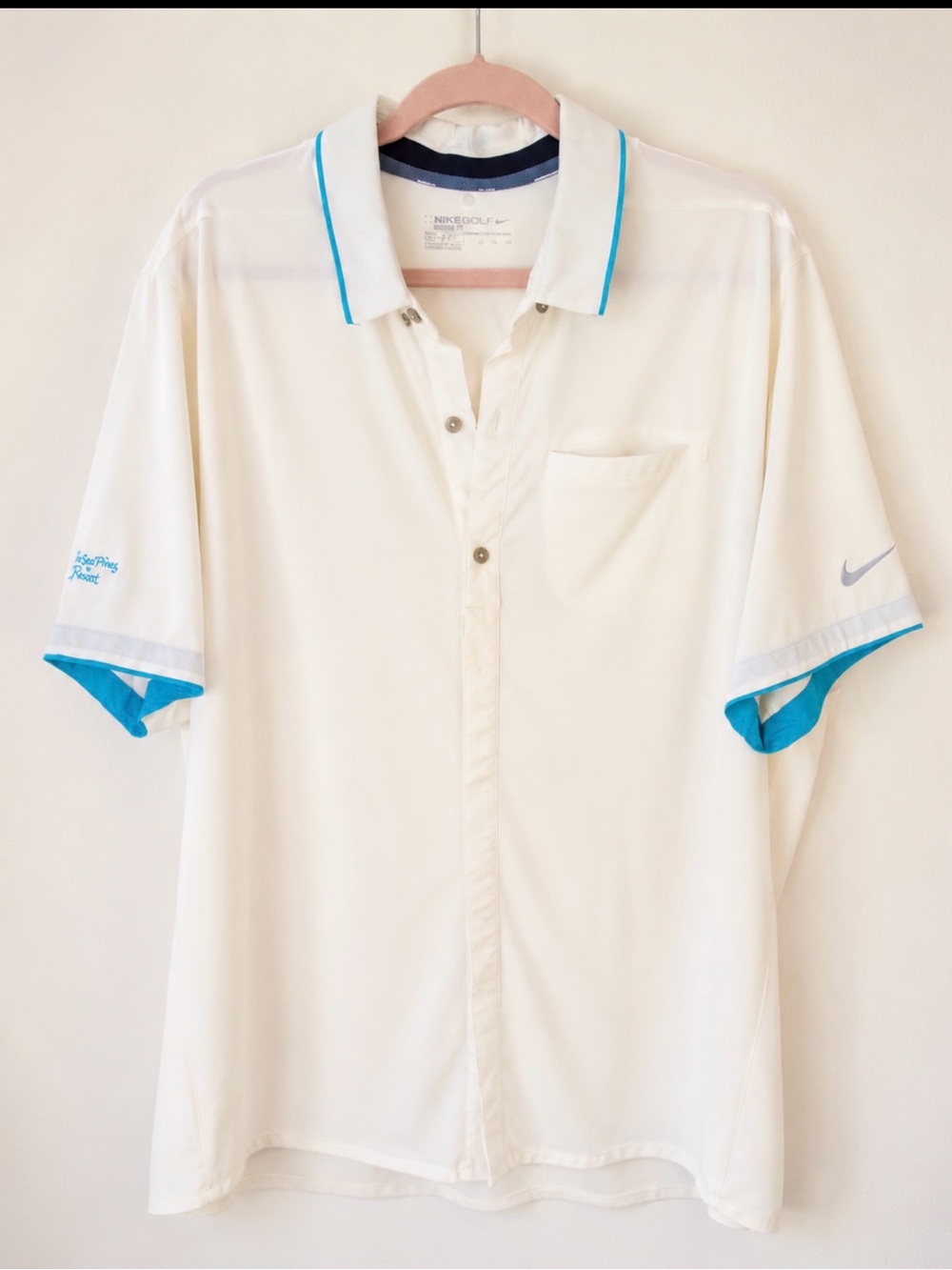 Nike Men's Cream Polo with Teal Trim golf performance shirt XXL dri-fit logo